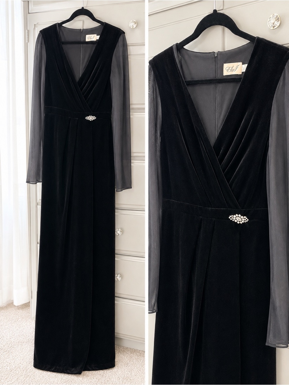 Eliza J Elegant Black Velvet Evening Gown with Sheer Sleeves | NWOT